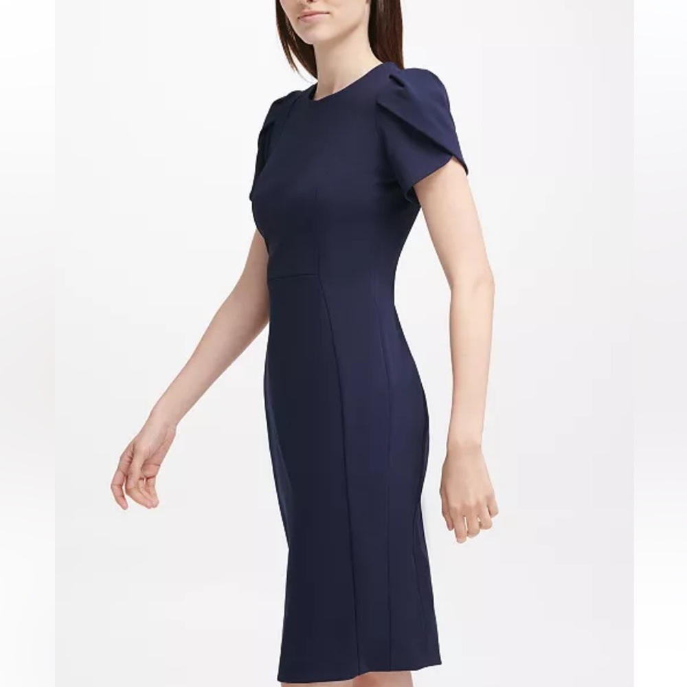 Calvin Klein Blue Sheath Dress Tulip Sleeve Knee Length Scuba Stretch, Sz 6 NWT - Picture 14 of 14